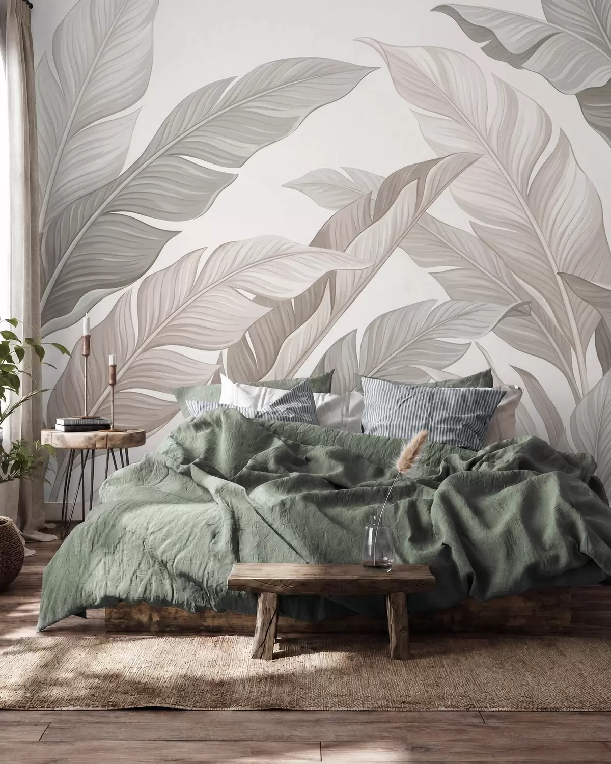 Fotobehang Verfijnde botanische bladeren in natuurlijke beige- en saliegroene tinten w10089
