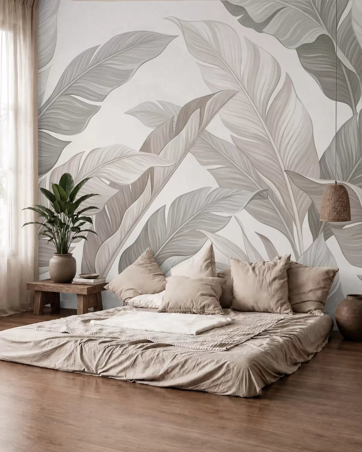 Fotobehang Verfijnde botanische bladeren in natuurlijke beige- en saliegroene tinten w10089