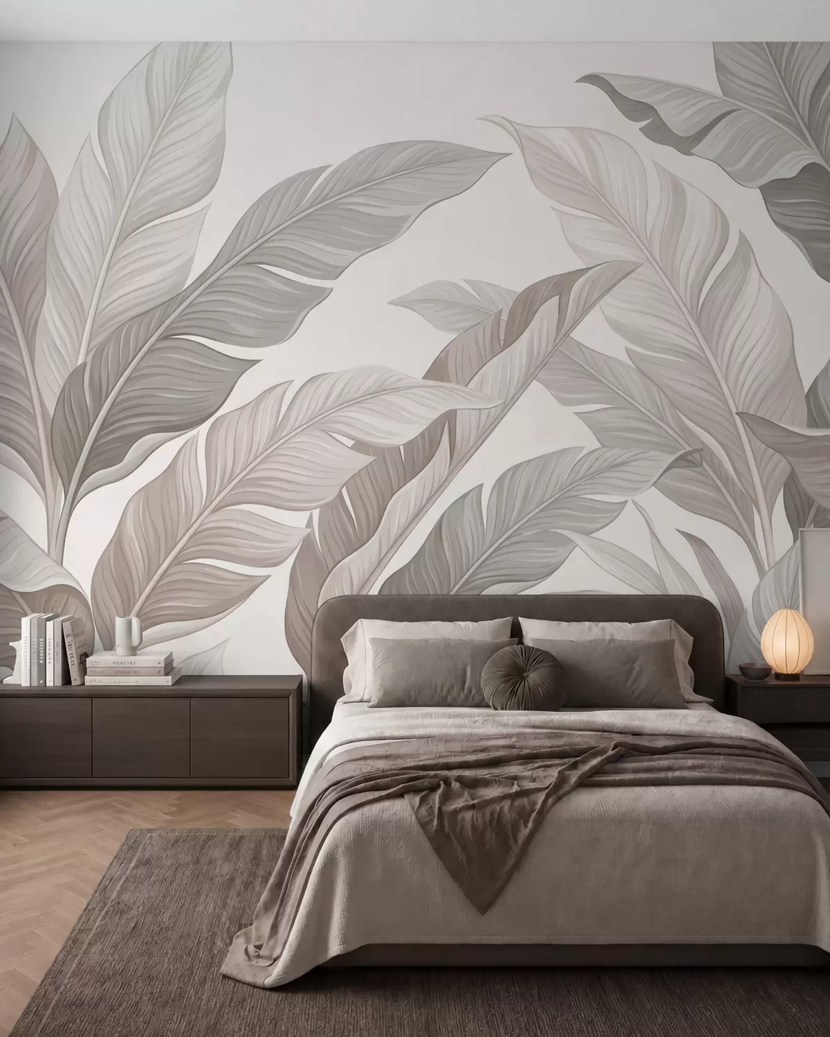 Fotobehang Verfijnde botanische bladeren in natuurlijke beige- en saliegroene tinten w10089