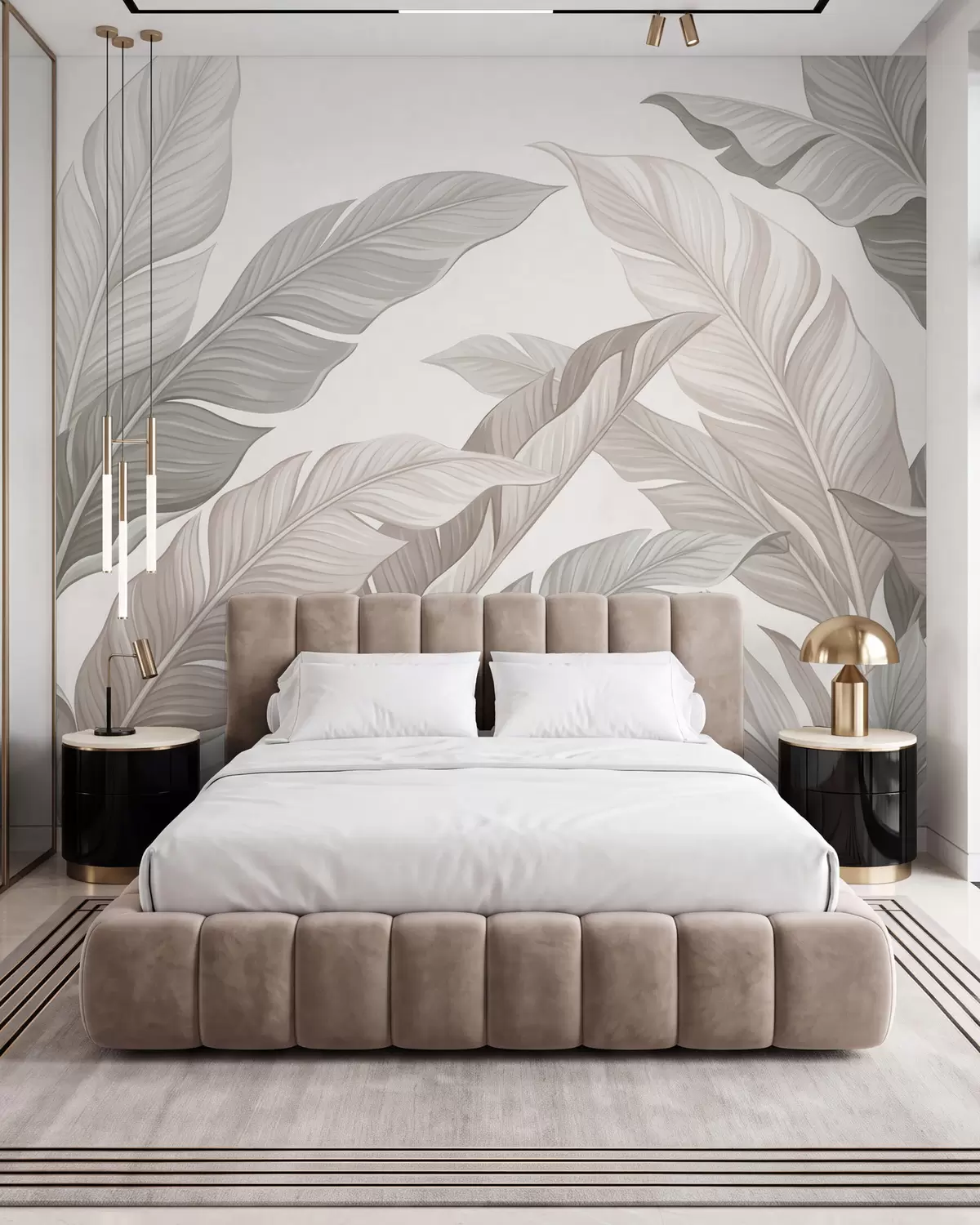 Fotobehang Verfijnde botanische bladeren in natuurlijke beige- en saliegroene tinten w10089