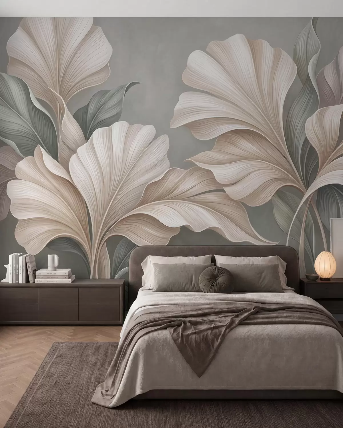 Fotobehang Verfijnde botanische bladeren in natuurlijke beige- en saliegroene tinten w10094