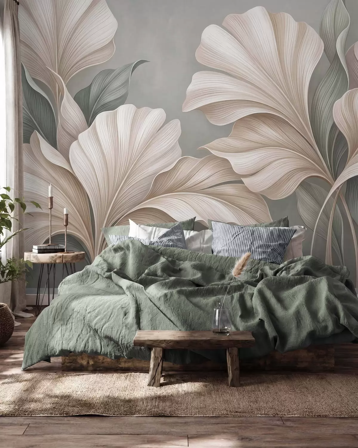 Fotobehang Verfijnde botanische bladeren in natuurlijke beige- en saliegroene tinten w10094