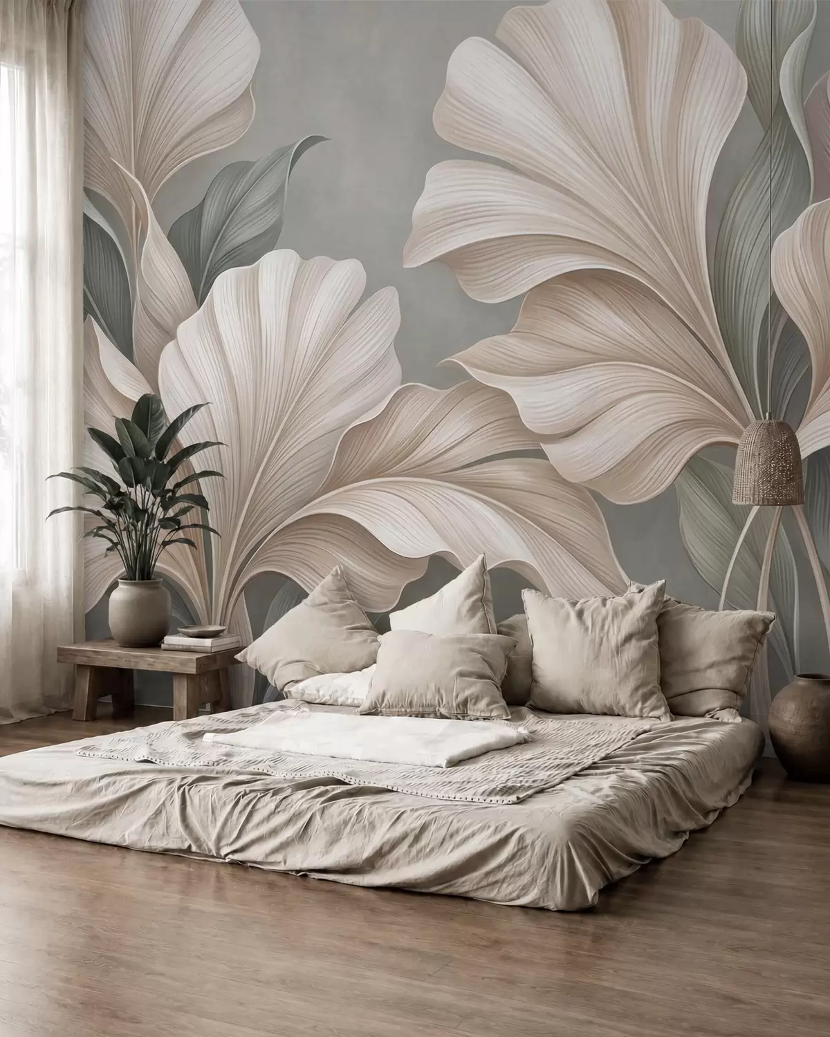Fotobehang Verfijnde botanische bladeren in natuurlijke beige- en saliegroene tinten w10094