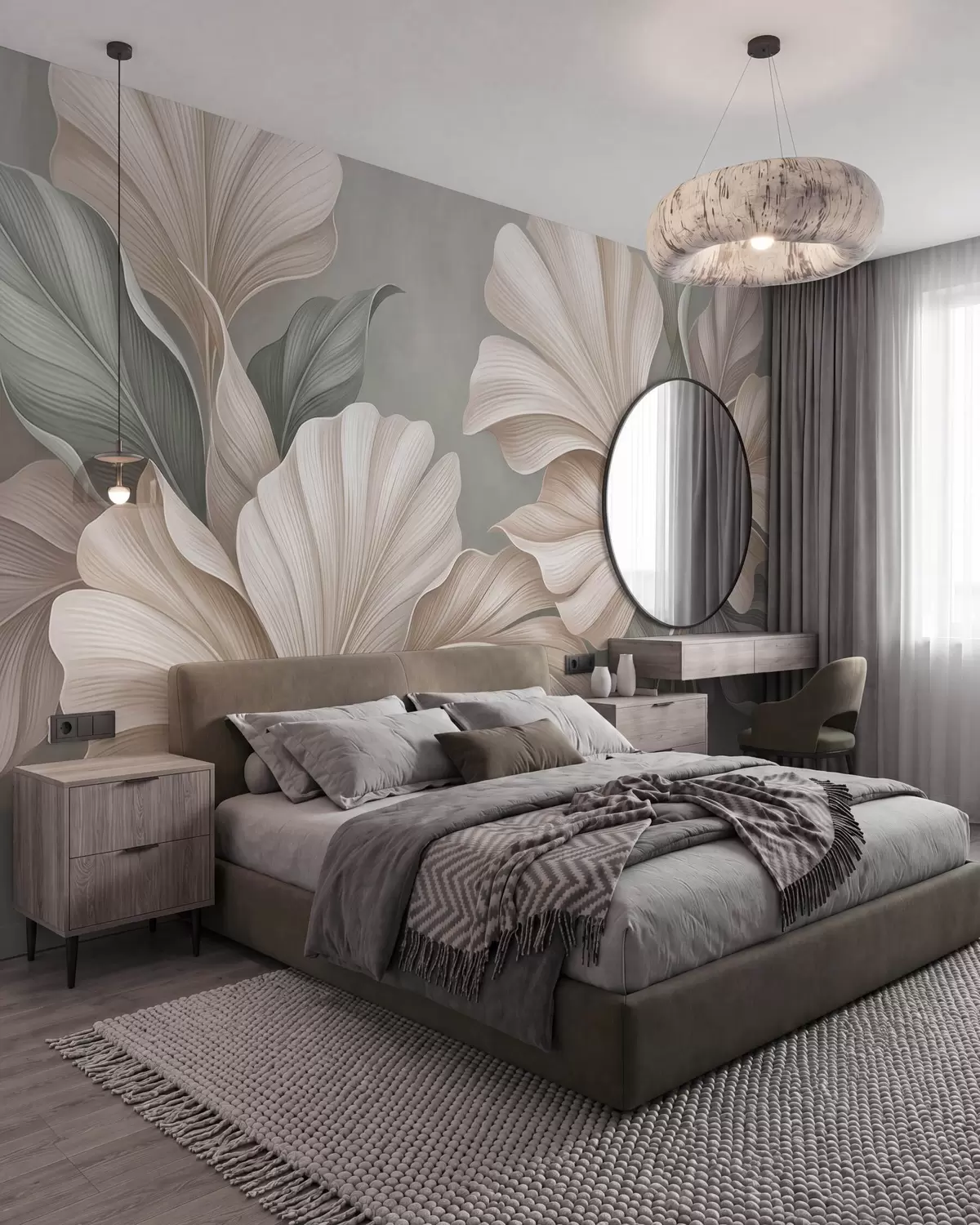 Fotobehang Verfijnde botanische bladeren in natuurlijke beige- en saliegroene tinten w10094