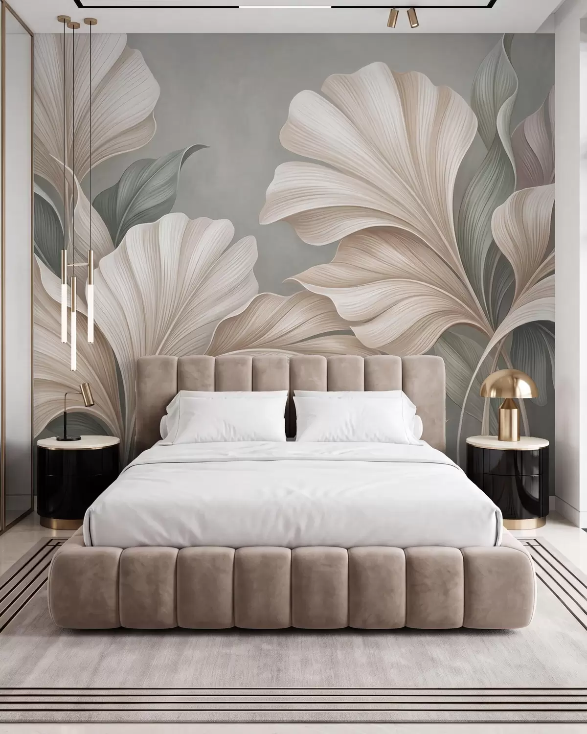 Fotobehang Verfijnde botanische bladeren in natuurlijke beige- en saliegroene tinten w10094