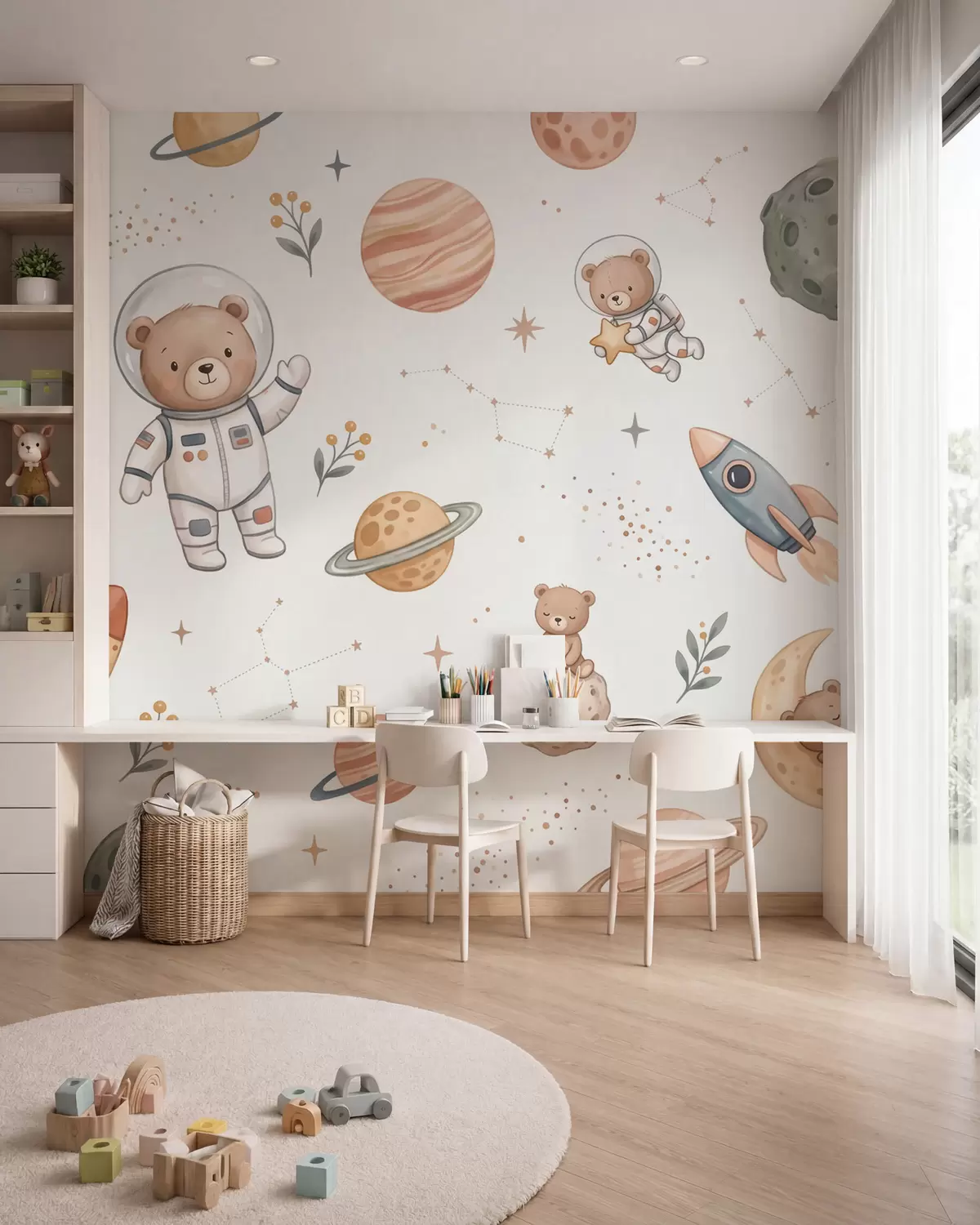 Fotobehang Schattige teddybeer-astronauten tussen planeten, raketten en sterren, weergegeven in een zachte pastelachtige aquarelstijl w10096