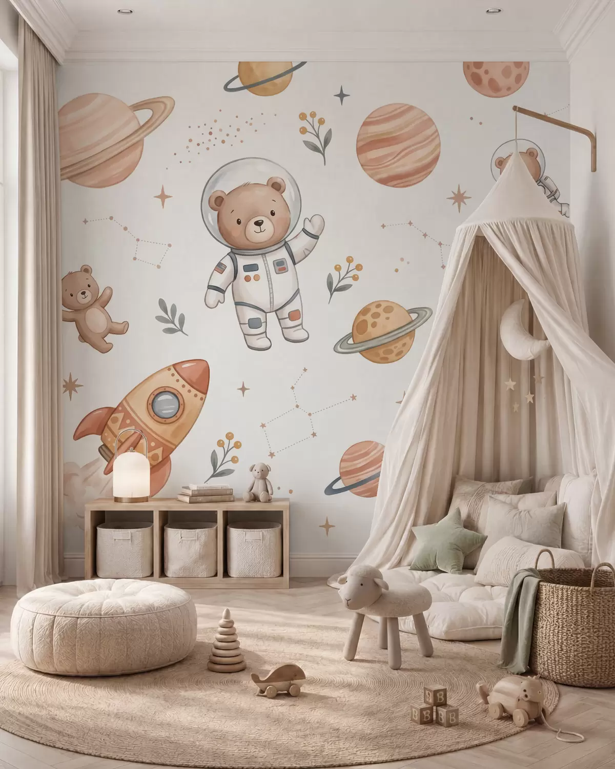 Fotobehang Schattige teddybeer-astronauten tussen planeten, raketten en sterren, weergegeven in een zachte pastelachtige aquarelstijl w10096