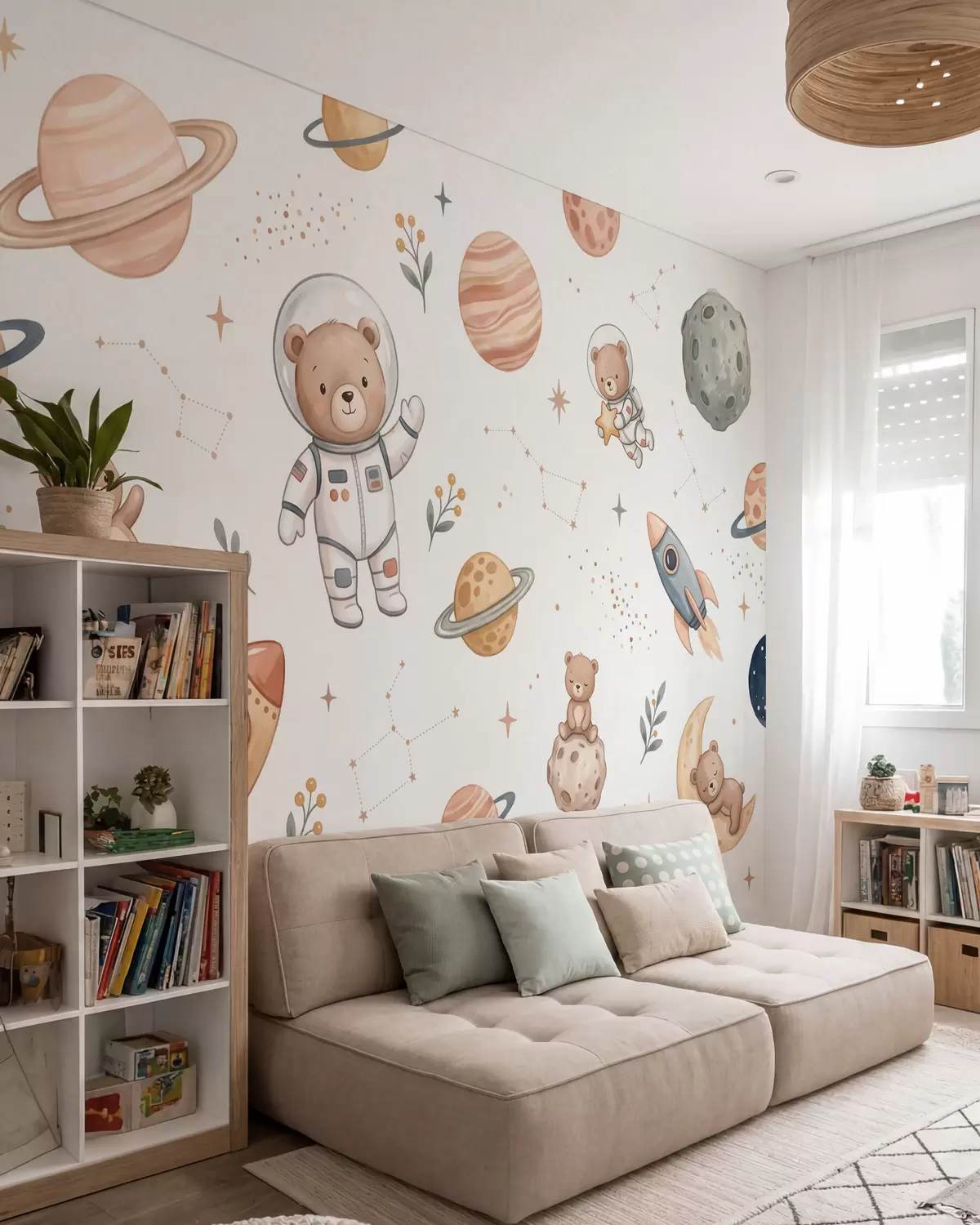 Fotobehang Schattige teddybeer-astronauten tussen planeten, raketten en sterren, weergegeven in een zachte pastelachtige aquarelstijl w10096