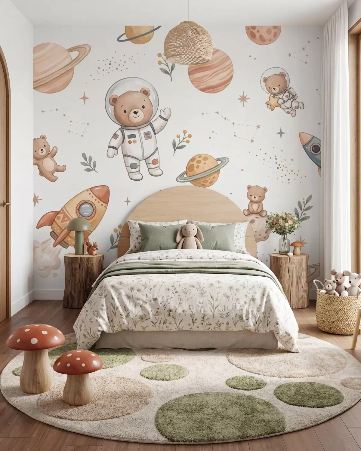 Fotobehang Schattige teddybeer-astronauten tussen planeten, raketten en sterren, weergegeven in een zachte pastelachtige aquarelstijl w10096