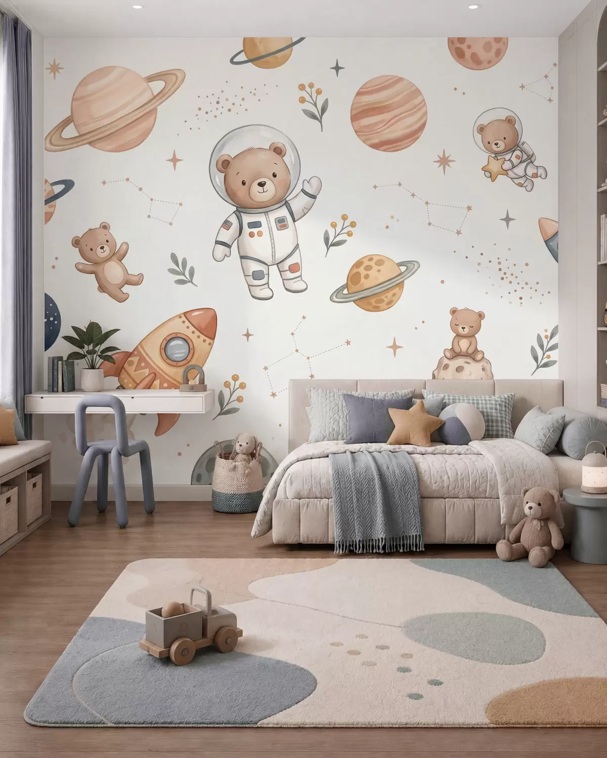 Fotobehang Schattige teddybeer-astronauten tussen planeten, raketten en sterren, weergegeven in een zachte pastelachtige aquarelstijl w10096