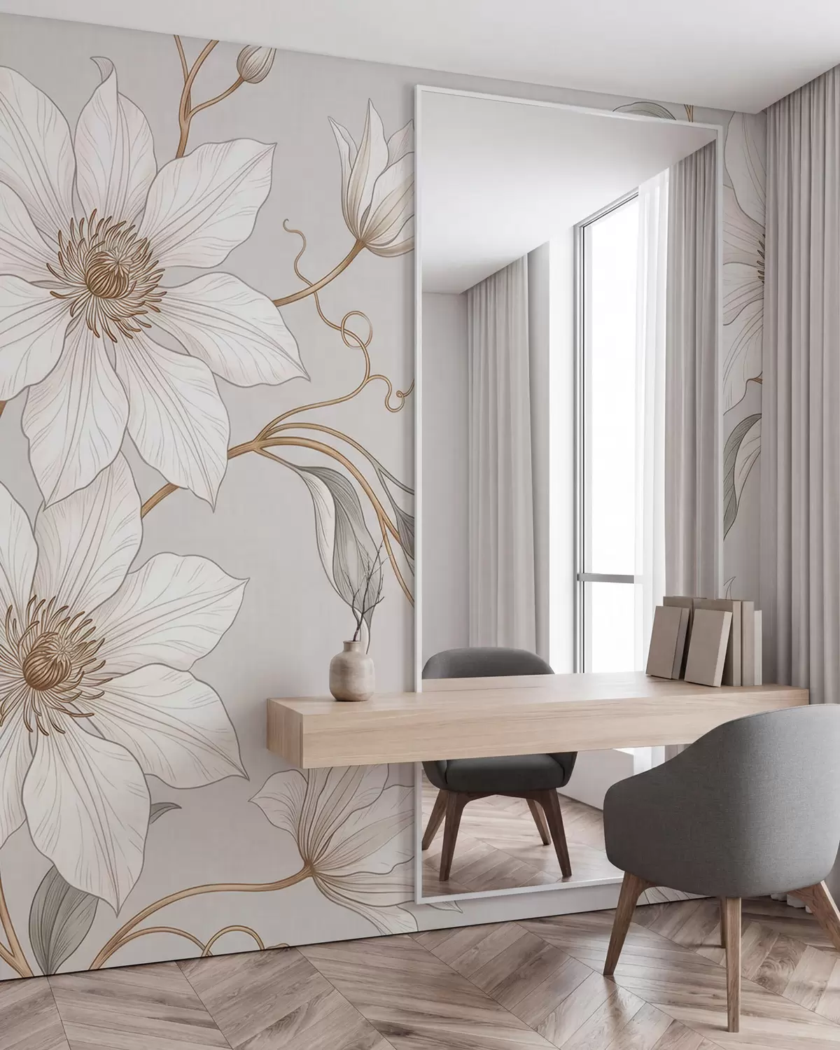 Fotobehang Elegante witte bloemen met fijne takjes w10099
