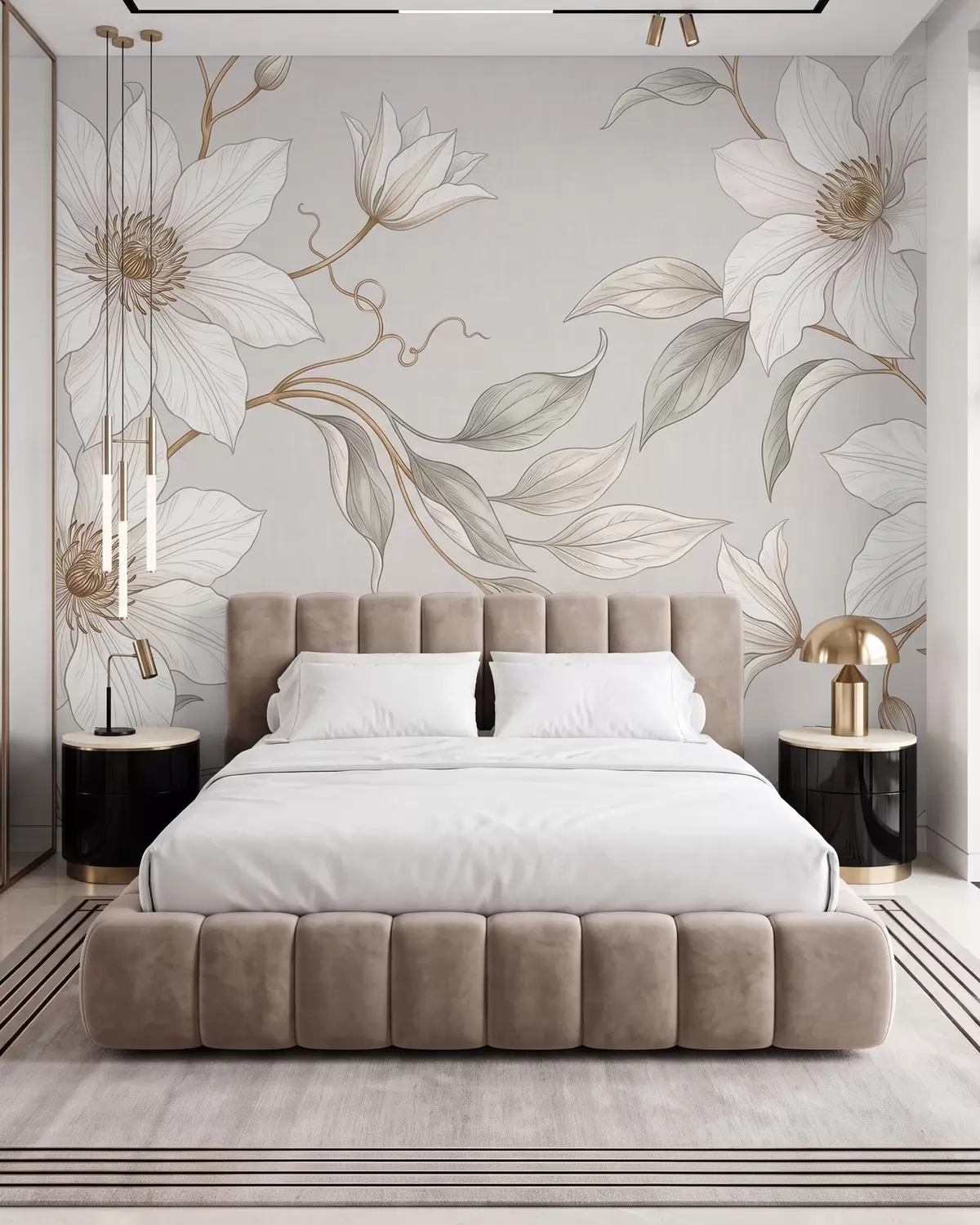 Fotobehang Elegante witte bloemen met fijne takjes w10099