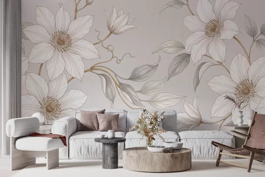 Fotobehang Elegante witte bloemen met fijne takjes w10099