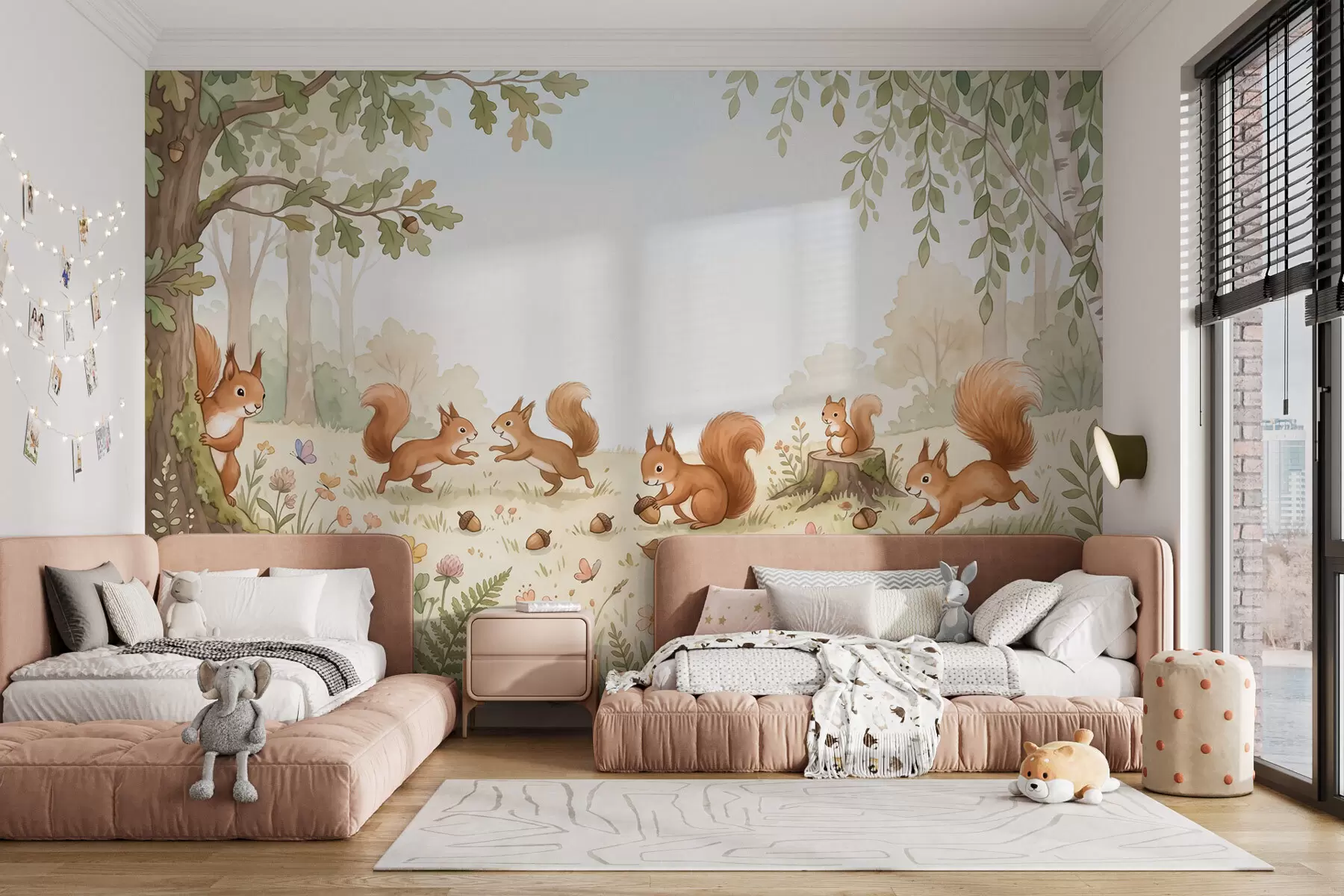 Fotobehang Een herfstbos met pluizige rode eekhoorns, eikels en delicate wilde bloemen, weergegeven in aquarelstijl w10102
