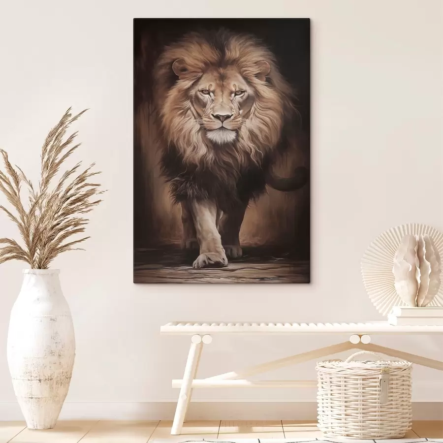  Schilderijen Majestueuze leeuw in een donker interieur s51087