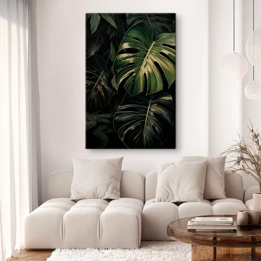  Schilderijen Glanzende Monstera-bladeren in de donkere tropen s51091