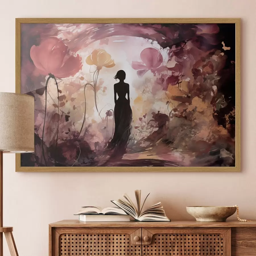 Fotobehang Silhouet van een vrouw in een sprookjesachtige, bloeiende tuin f51081