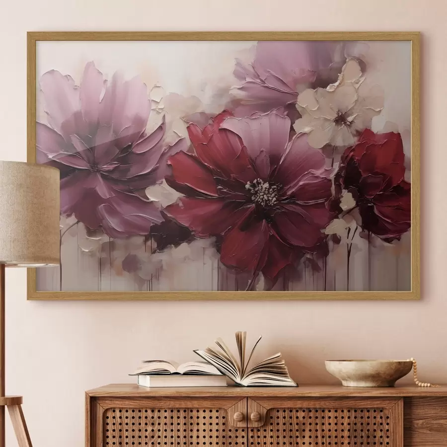 Fotobehang Weelderige bordeauxrode en poederkleurige dahlia’s f51086