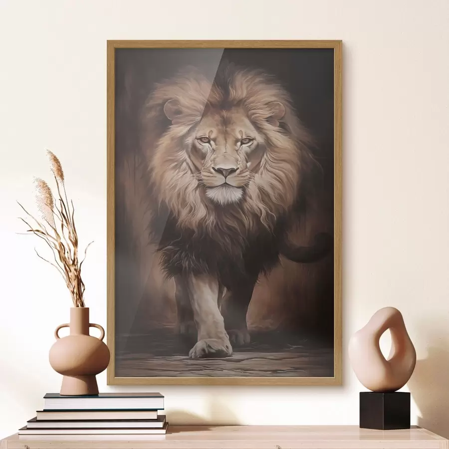 Fotobehang Majestueuze leeuw in een donker interieur f51087