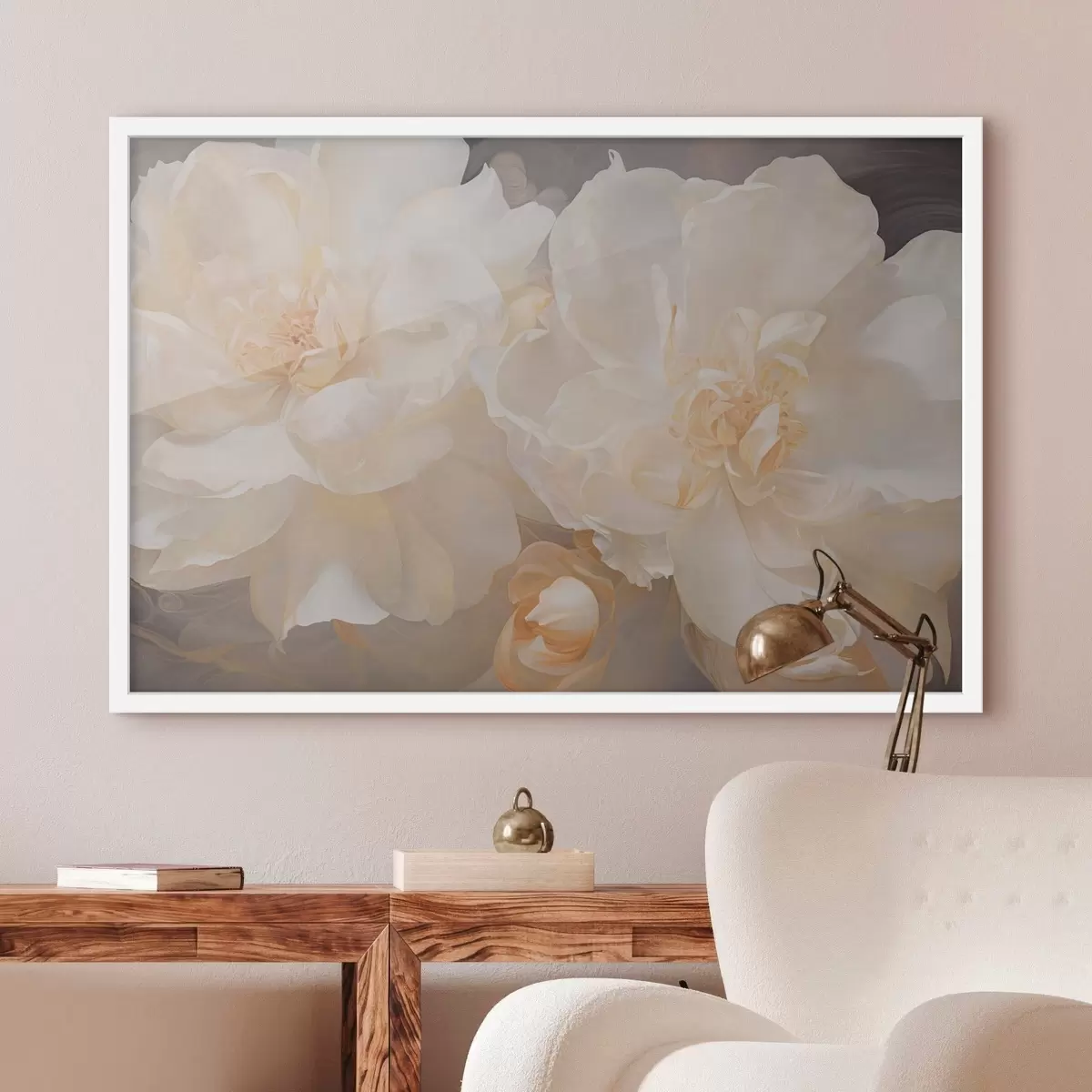 Poster Close-up van lichte dubbele pioenrozen f51088