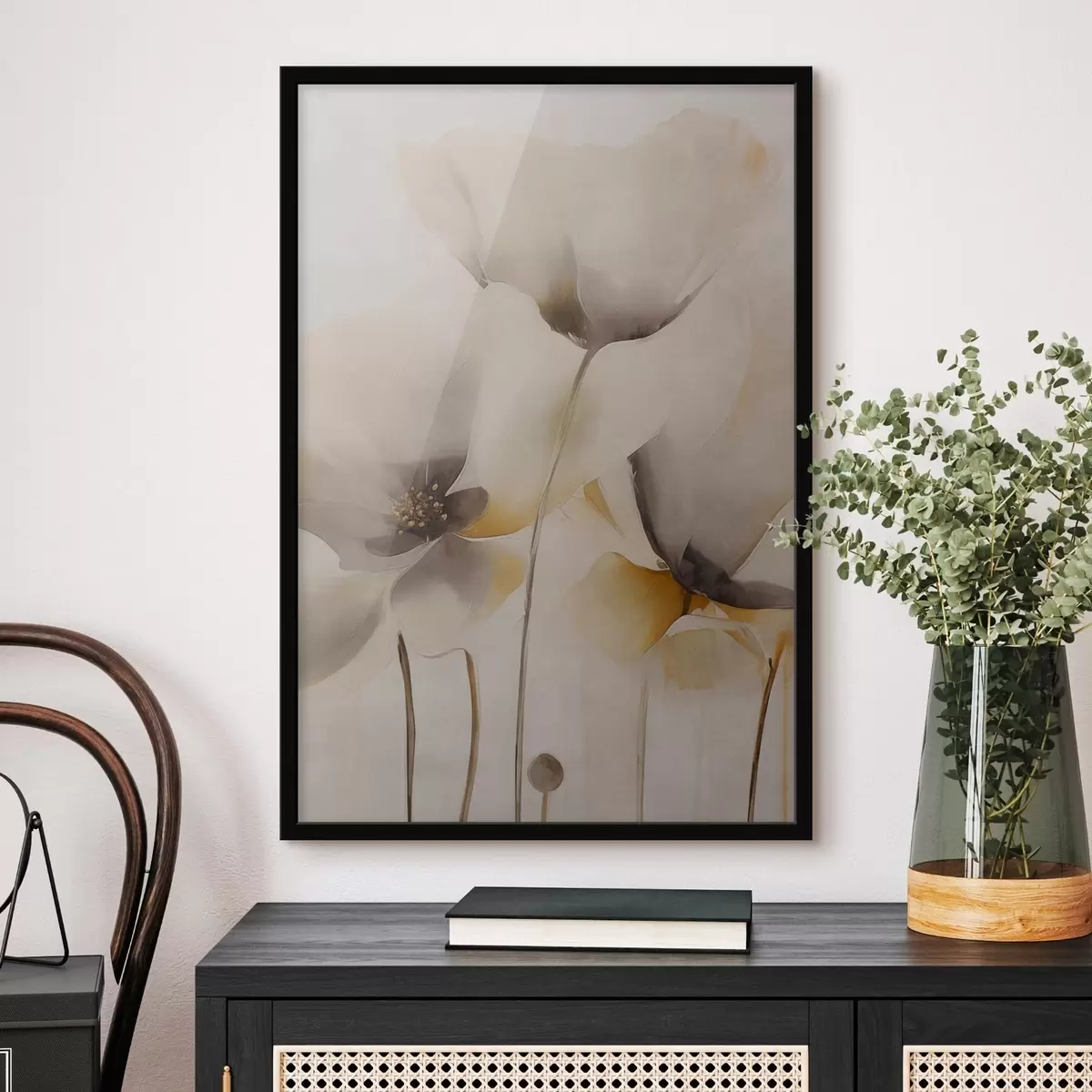 Poster Luchtige papavers in een beige kleurenpalet f51090