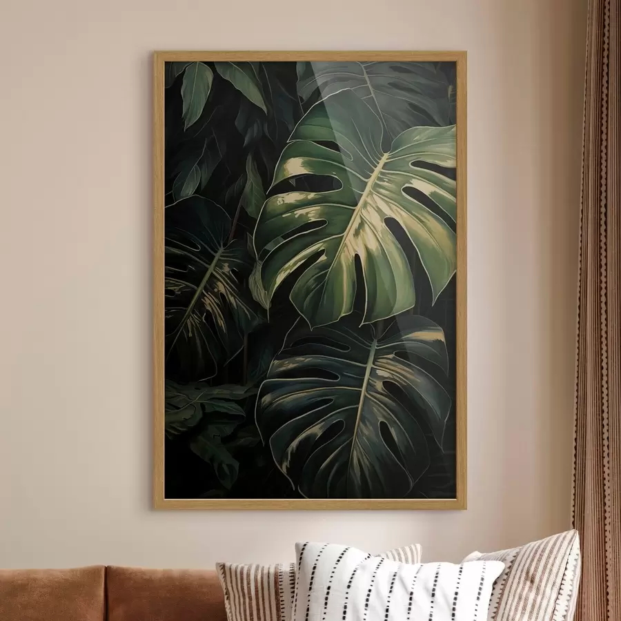 Fotobehang Glanzende Monstera-bladeren in de donkere tropen f51091
