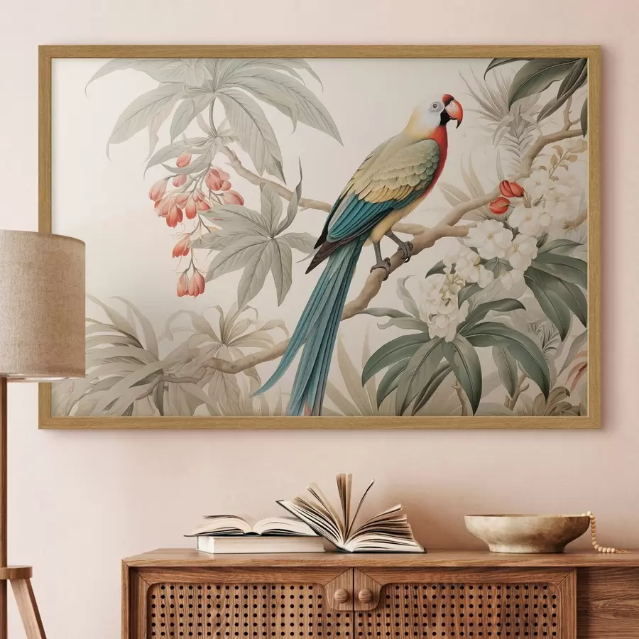 Fotobehang Tropische papegaai op een bloeiende tak f51094