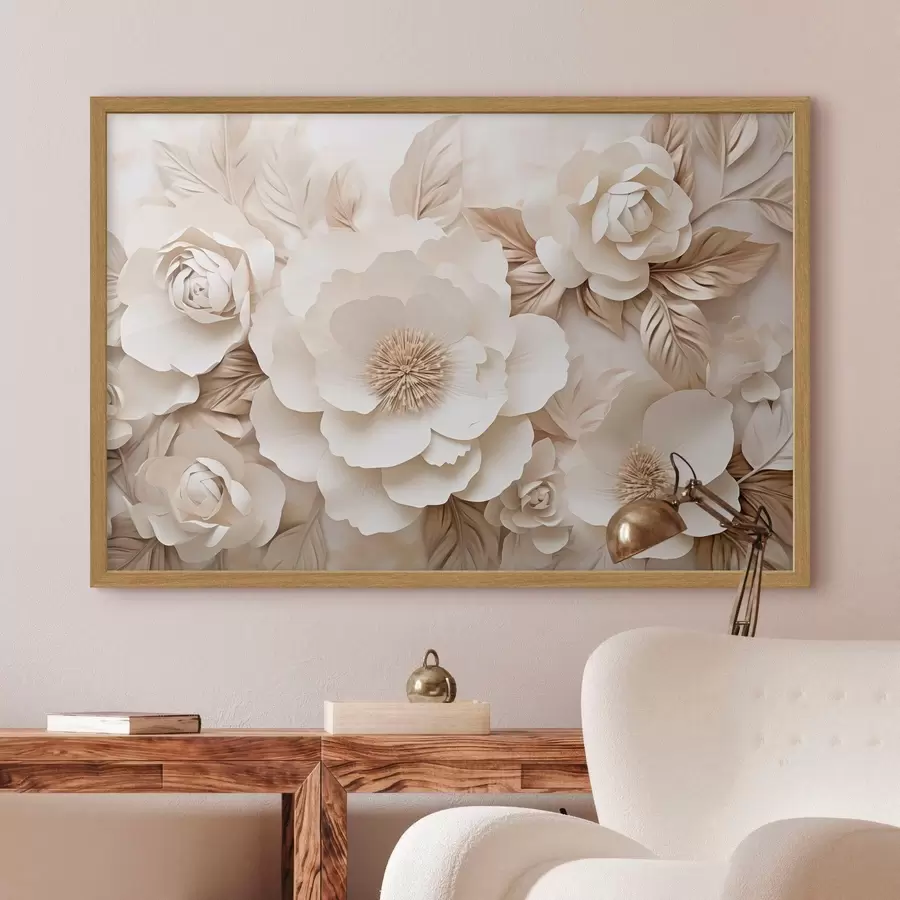 Fotobehang 3D-gipsreliëf met witte bloemen f51096