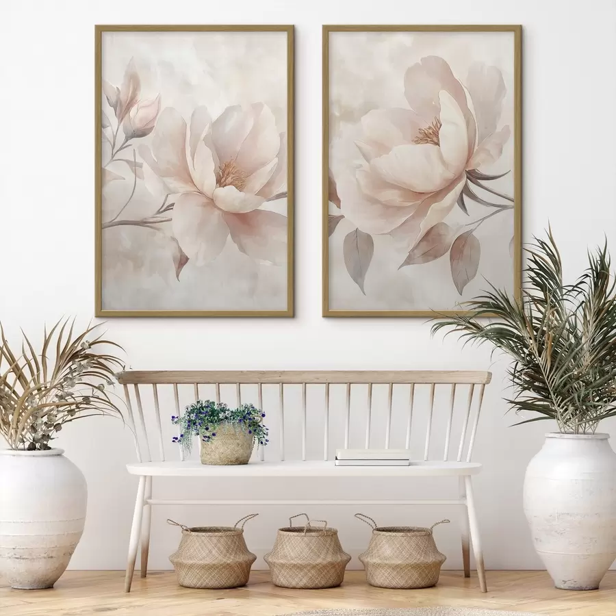 Fotobehang Pioenrozen in poeder- en aquarelverf d31091