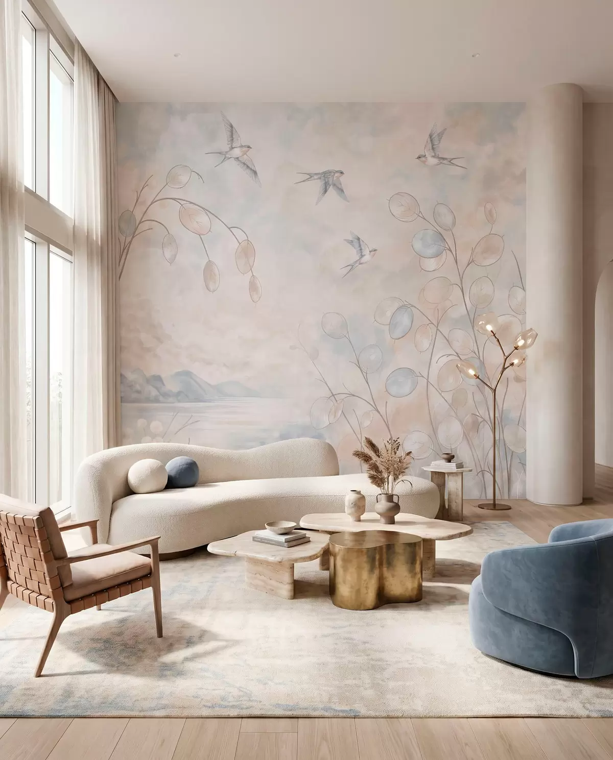Fotobehang Zwaluwen tussen sierlijke planten, met op de achtergrond een meer en bergen w05892