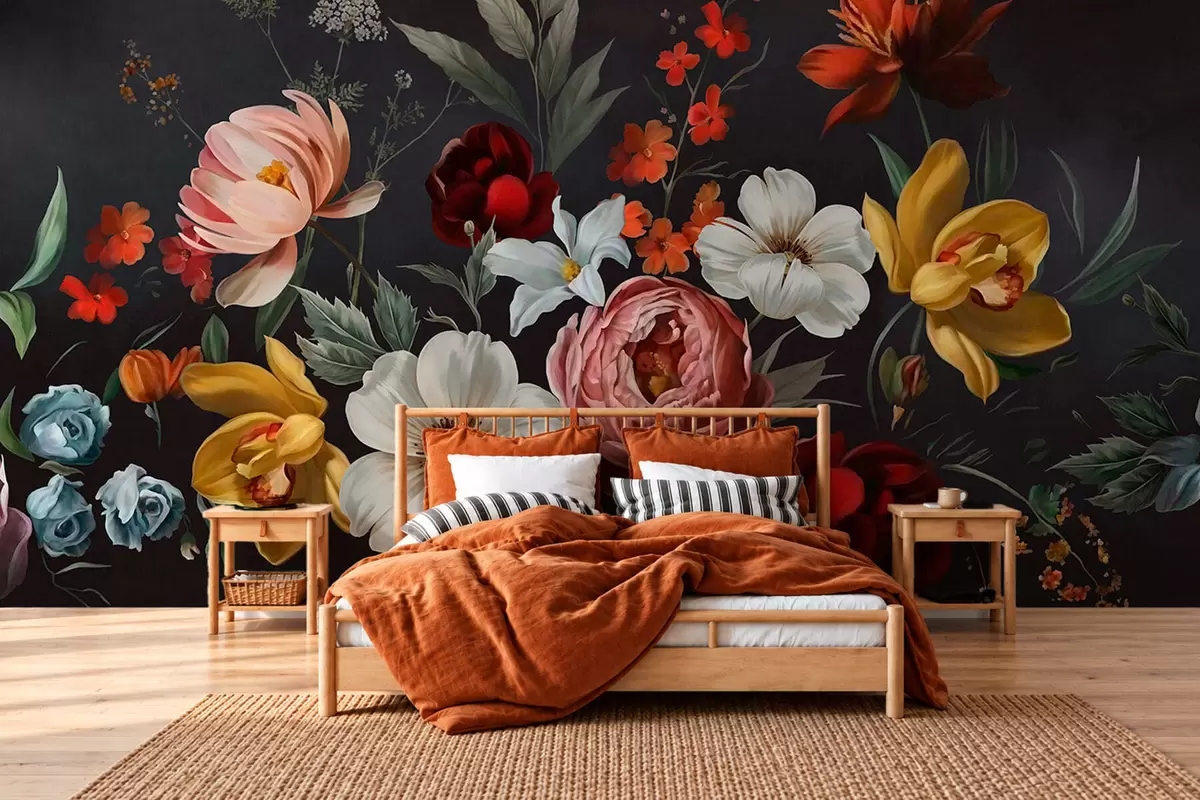 Fotobehang Weelderig bloemstuk van kleurrijke bloemen tegen een donkere achtergrond w05960