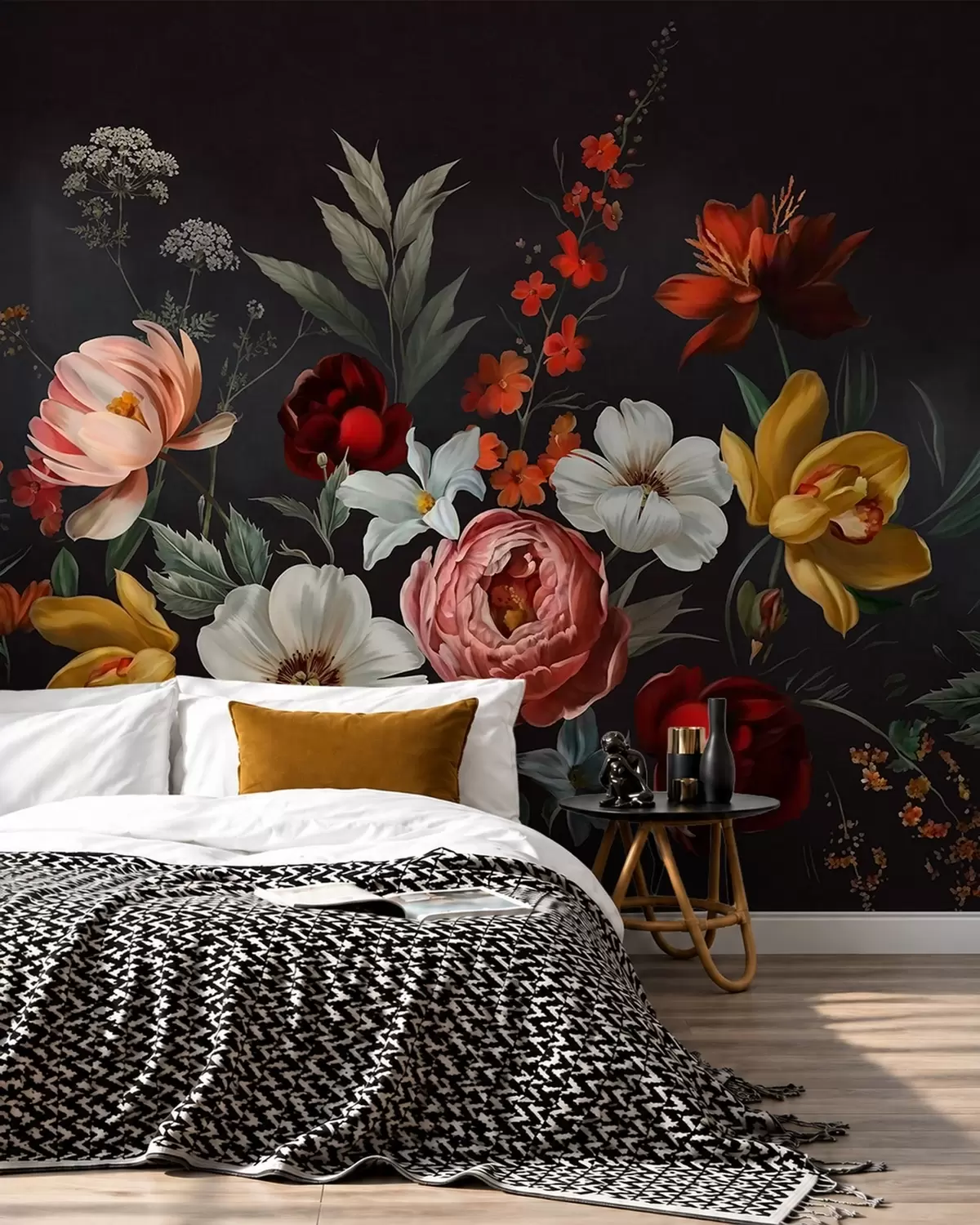Fotobehang Weelderig bloemstuk van kleurrijke bloemen tegen een donkere achtergrond w05960
