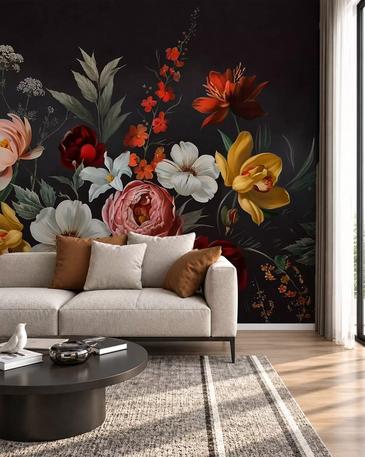Fotobehang Weelderig bloemstuk van kleurrijke bloemen tegen een donkere achtergrond w05960