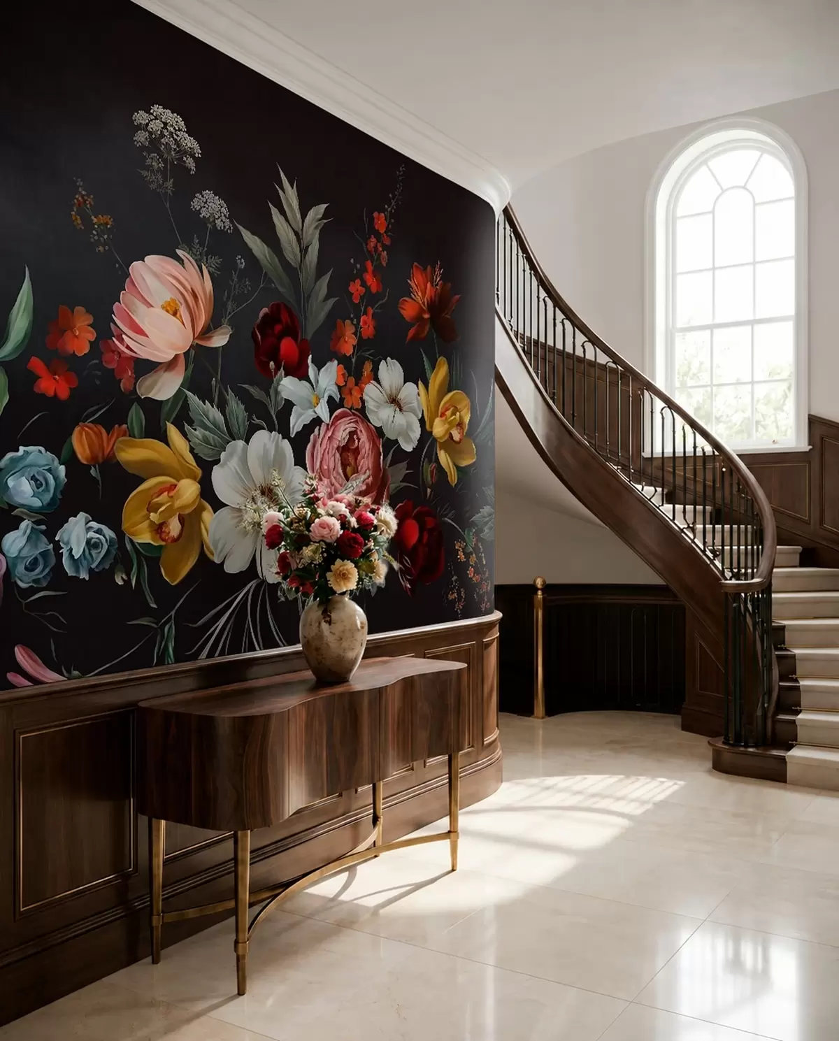 Fotobehang Weelderig bloemstuk van kleurrijke bloemen tegen een donkere achtergrond w05960