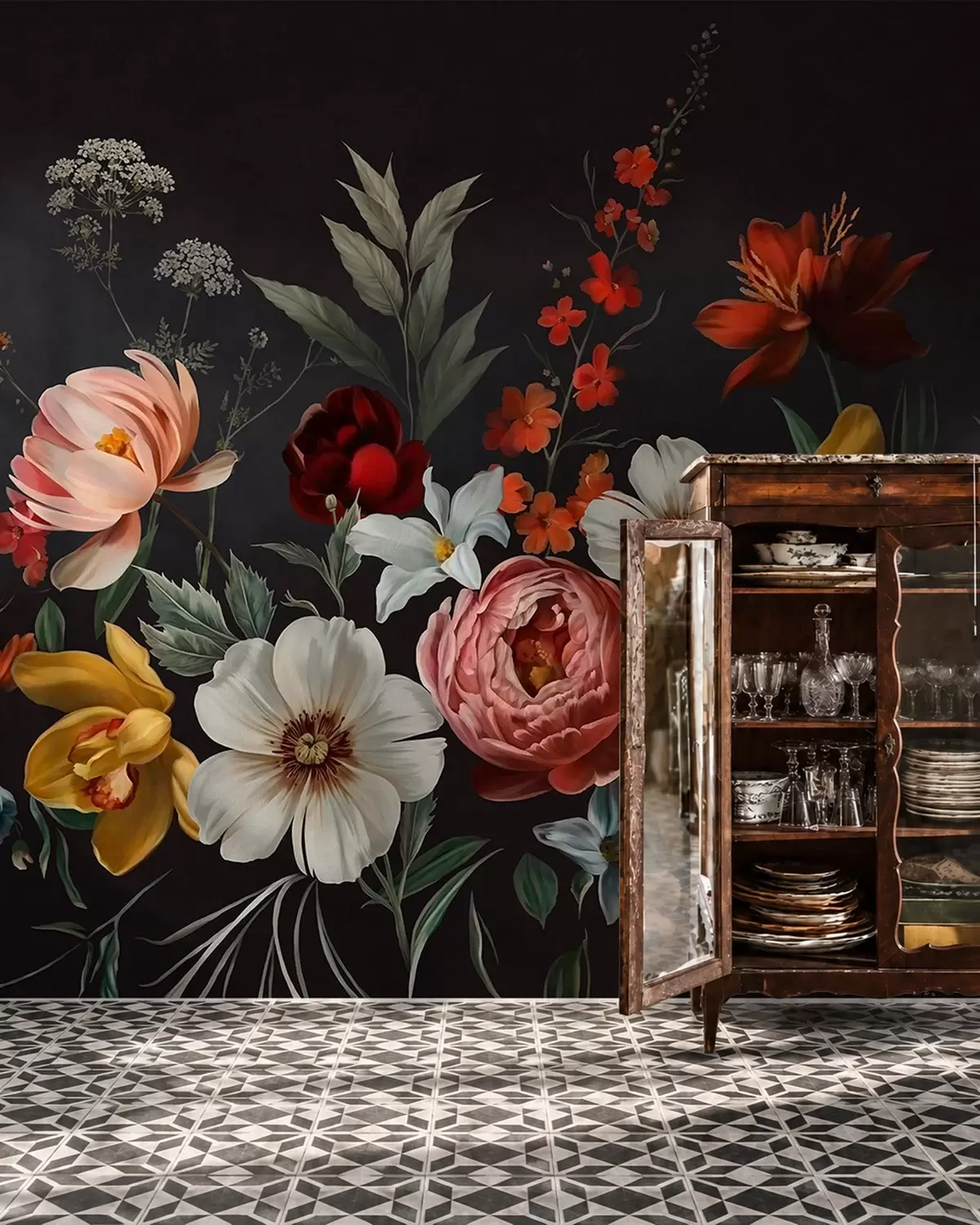 Fotobehang Weelderig bloemstuk van kleurrijke bloemen tegen een donkere achtergrond w05960