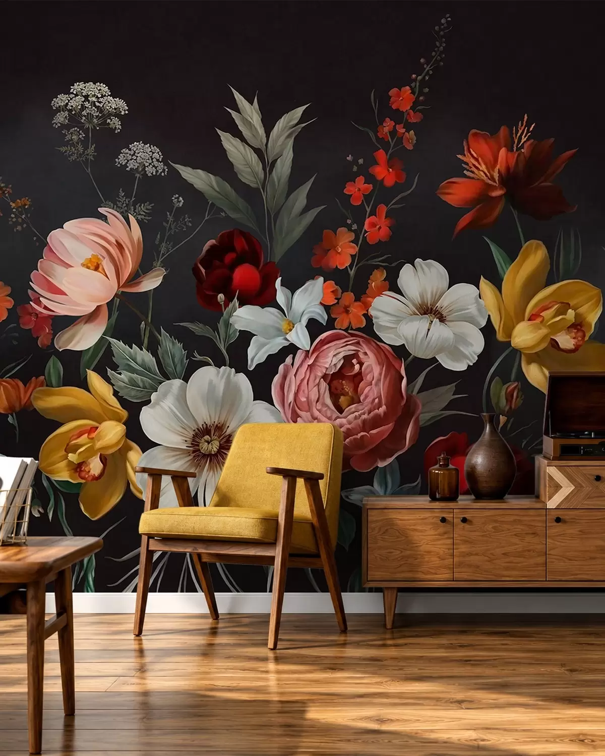 Fotobehang Weelderig bloemstuk van kleurrijke bloemen tegen een donkere achtergrond w05960