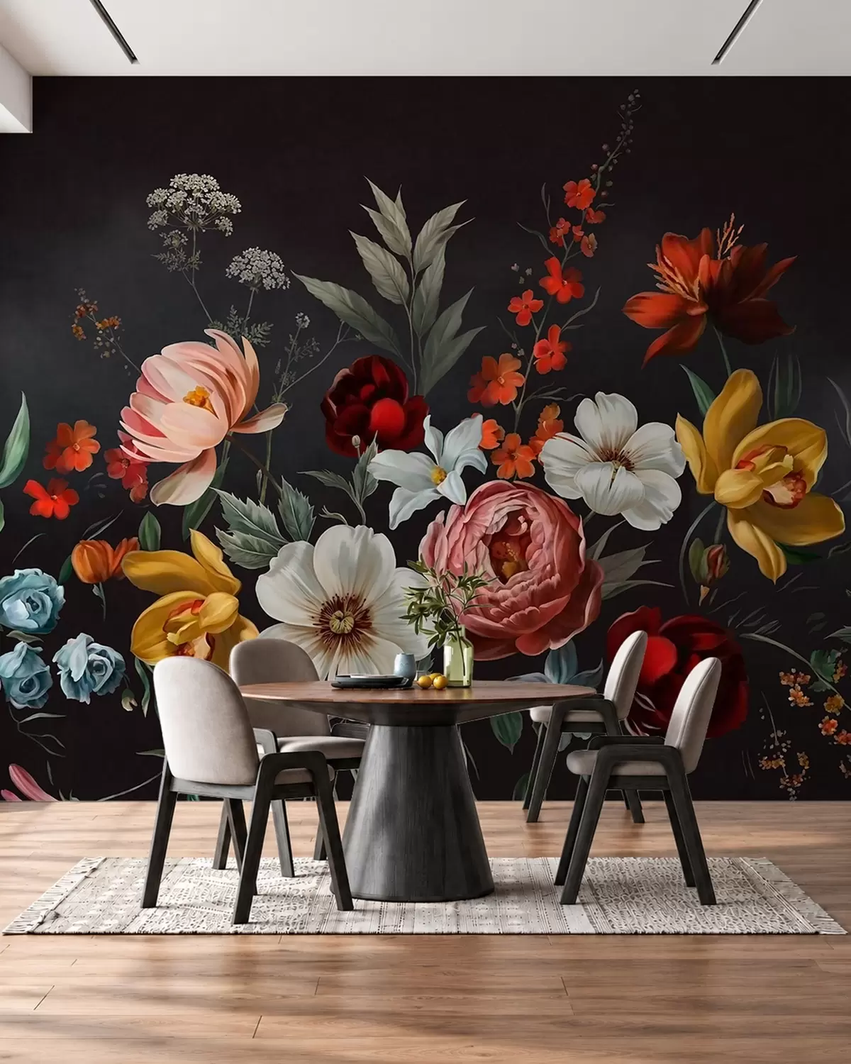 Fotobehang Weelderig bloemstuk van kleurrijke bloemen tegen een donkere achtergrond w05960