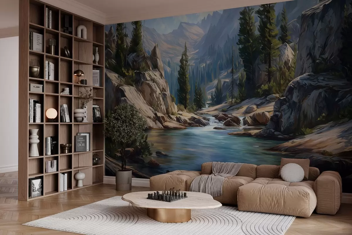 Fotobehang Een schilderachtig uitzicht op de rivier, te midden van de vredige bergen w05868