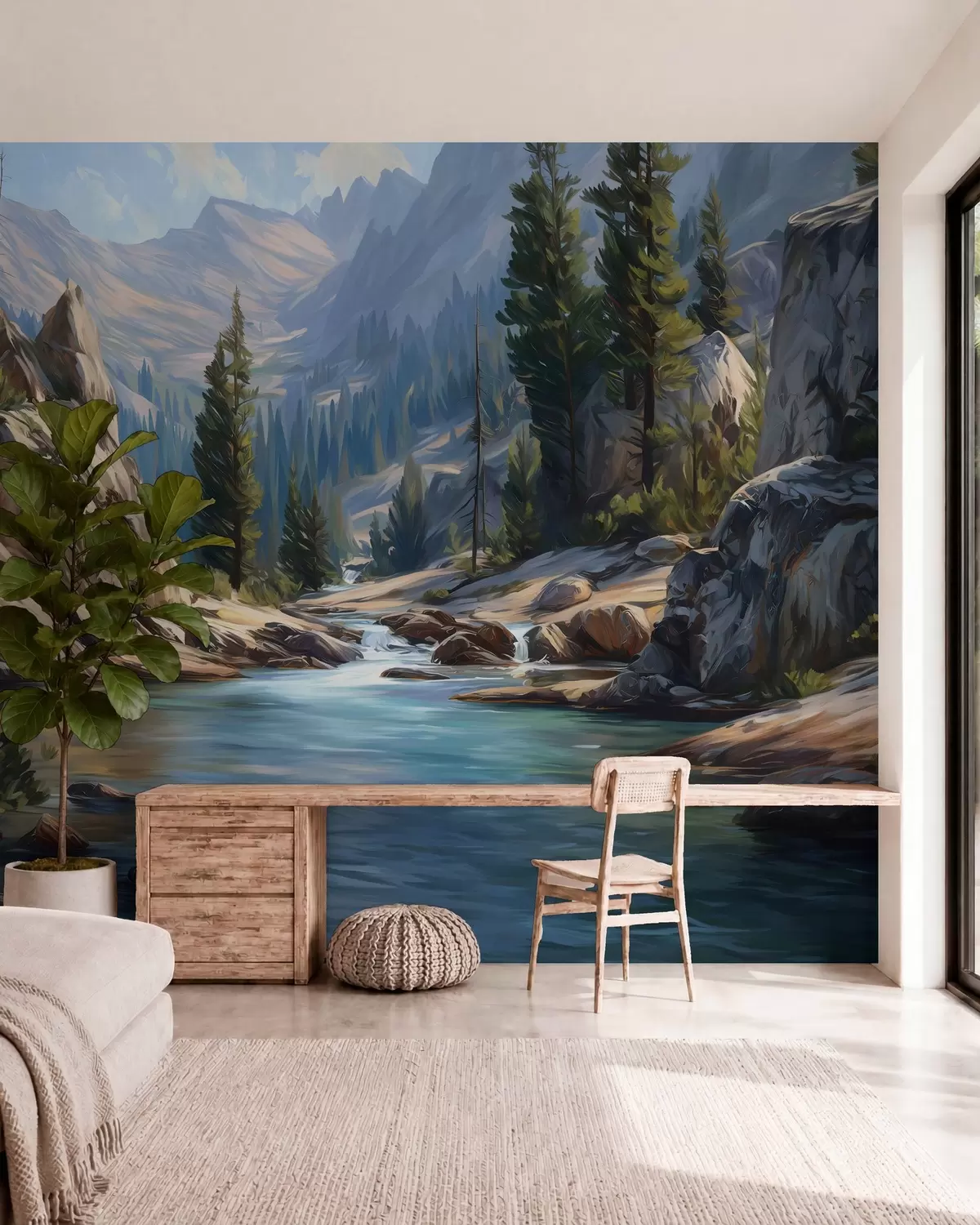 Fotobehang Een schilderachtig uitzicht op de rivier, te midden van de vredige bergen w05868