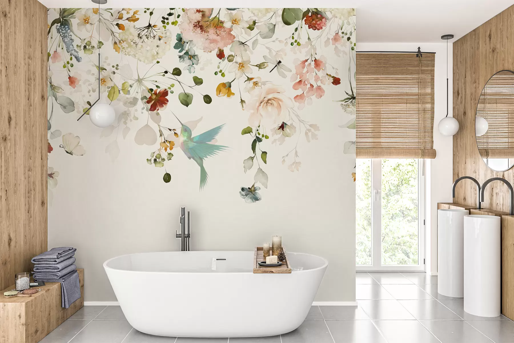 Fotobehang Bloemen en kolibries u59610