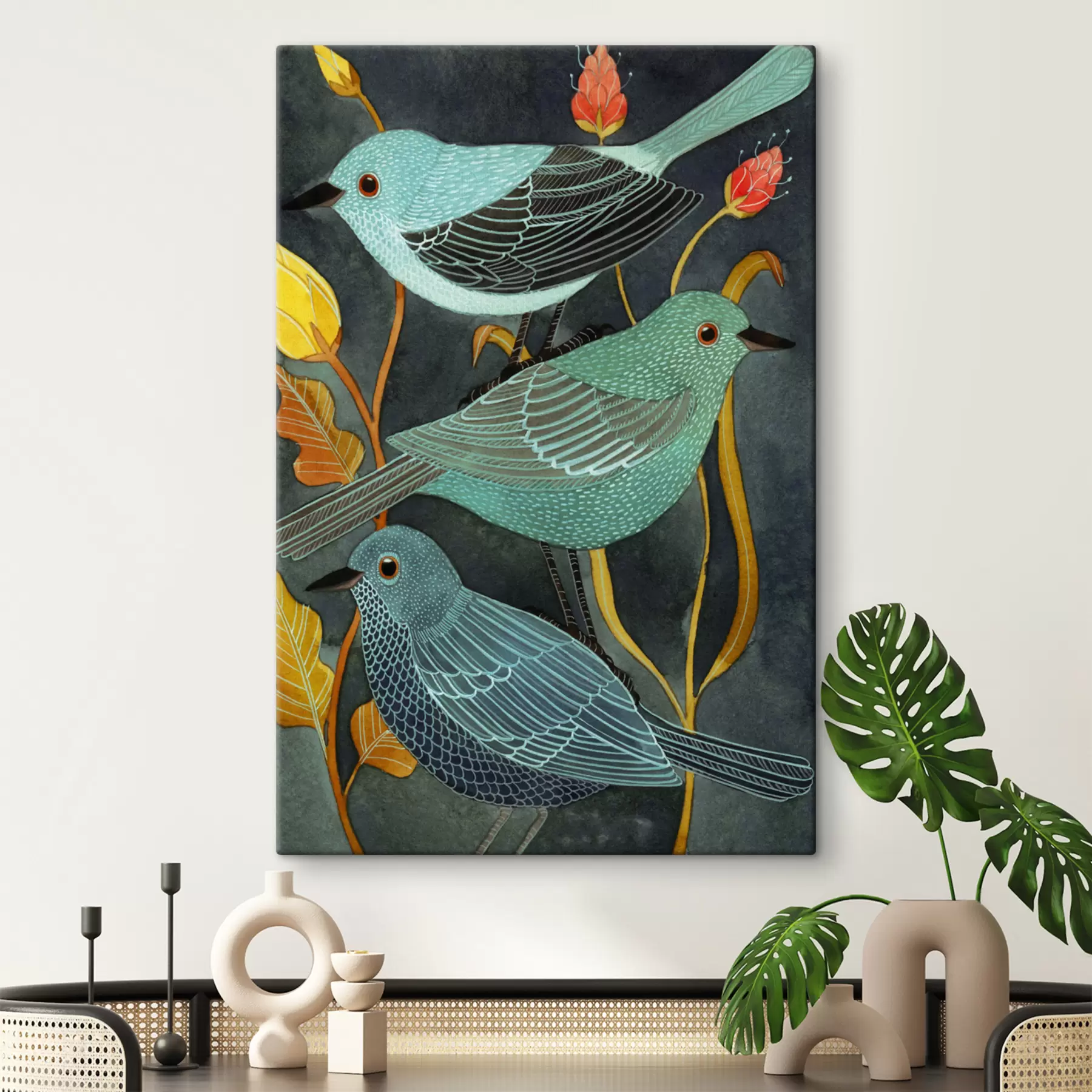 Fotobehang Drie vogels kijken rond s03061