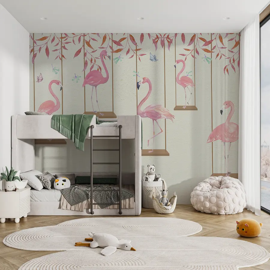 Fotobehang Flamingo’s op schommels u21345