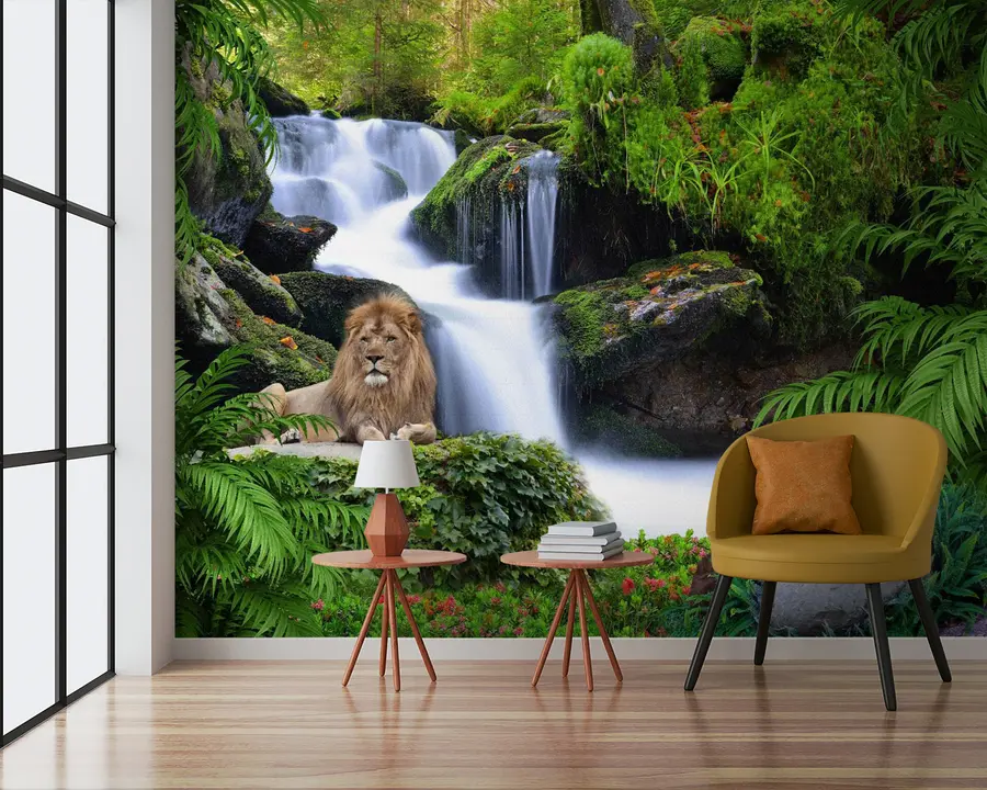 Fotobehang Leeuw bij de waterval u62920