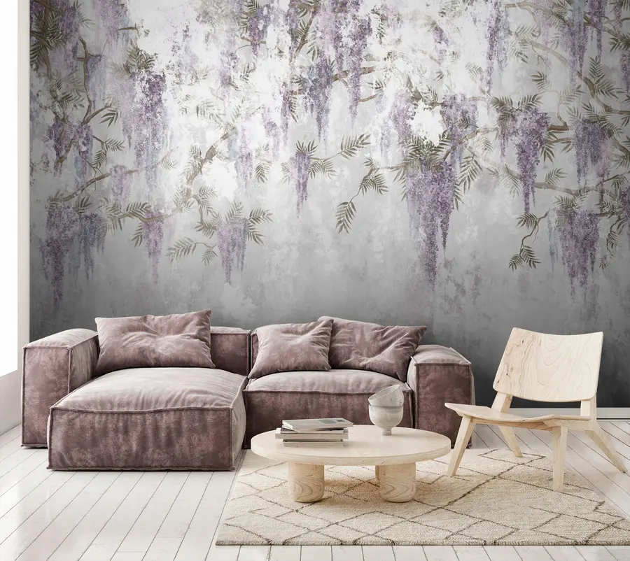 Fotobehang Opknoping trendy grunge takken met paarse bloemen u73816