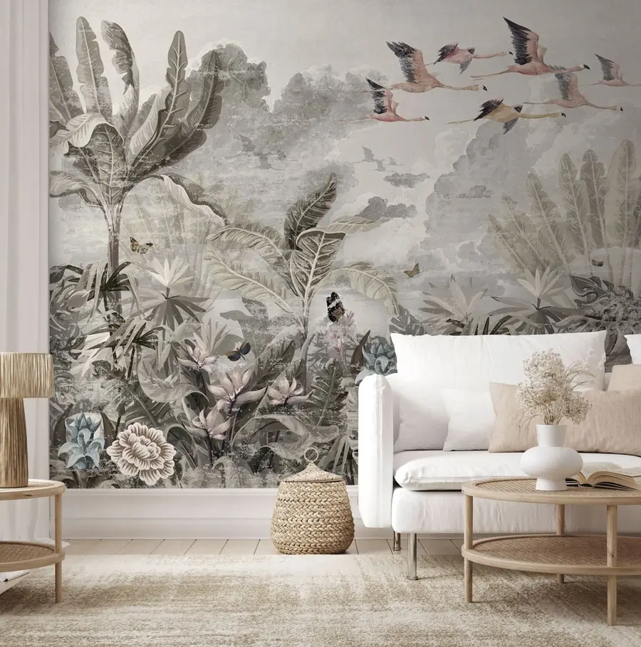 Fotobehang Flamingo's vliegen over de jungle u73561