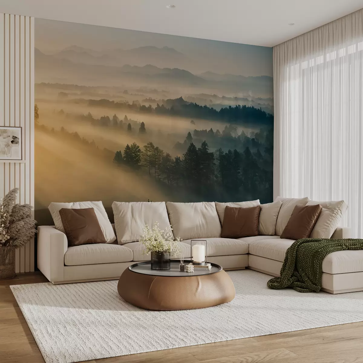 Fotobehang Stralen van de zon en mistig bos u73864