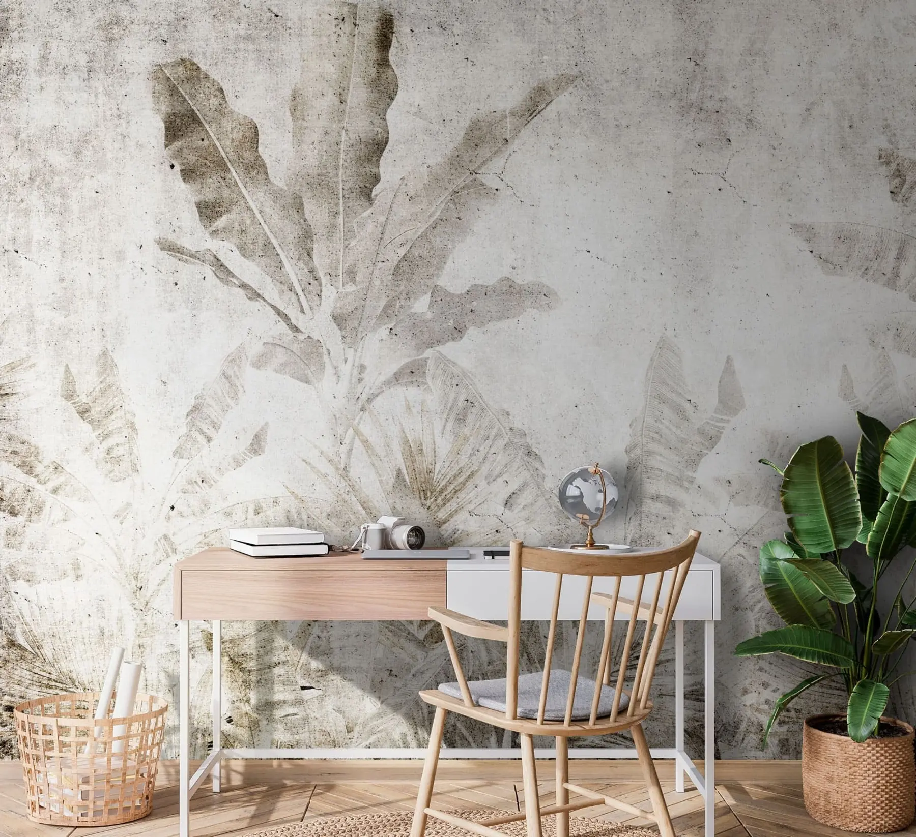 Fotobehang Bananenbladeren op een betonnen muur u73886