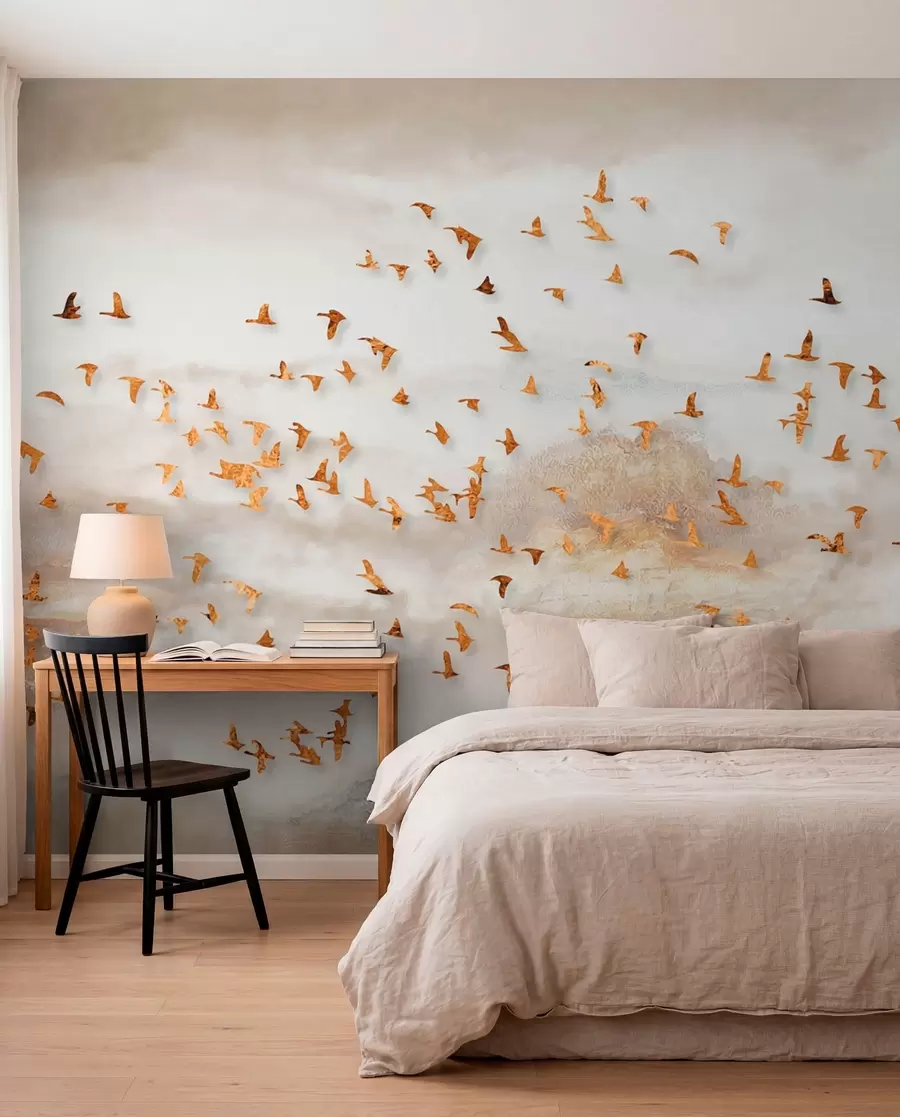 Fotobehang Zwerm vogels in de bergen u93537