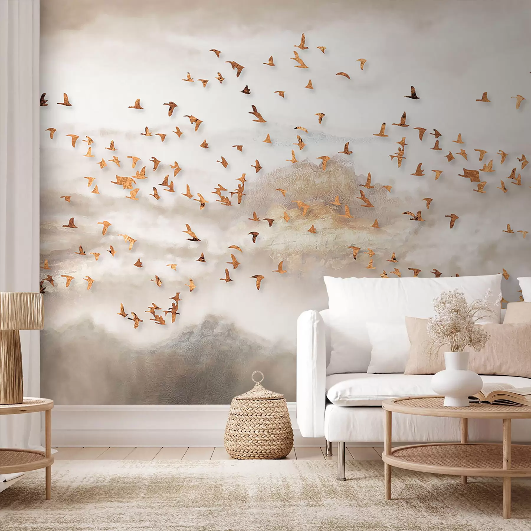 Fotobehang Zwerm vogels in de bergen u93537