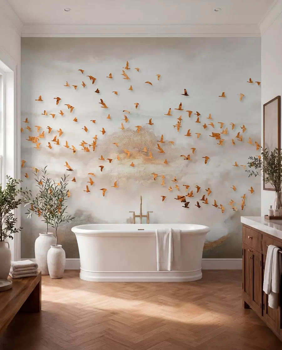Fotobehang Zwerm vogels in de bergen u93537